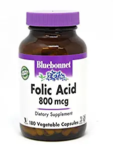 Bluebonnet Folic Acid 800 mcg Vegetable Capsules, 180 Count