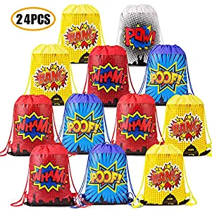 Superhero Party Bags Favors, Superhero Party Gift Goody Bags Drawstring Bags For Superhero Theme Kids Birthday Party Supplies Decorations Set of 24(4 Colors)