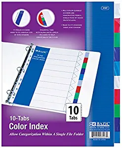 Bazic 3 Ring Binder Tabs with 10 Dividers, 9.5 x 0.1 x 12.3 Inches, Multi-Color Tabs, (1 Set), (3107)