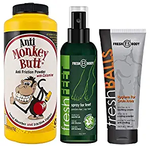 FRESH FEET, FRESH BALLS & Anti Monkey Butt 6 oz! Fresh Feet Odor Fighting Spray w/Essential Oils, Fresh Balls Men’s Antiperspirant and Monkey Butt Anti Chaffing Powder!