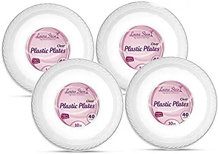 [160 Count - 10 Inch Plates] Laura Stein Premium Crystal Clear Disposable Plastic Dinner Size Plate, Great For Wedding, Event, Parties, Catering, Buffets, 4 Packs