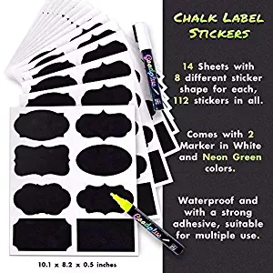 Chalkboard Labels: 112 Assorted Shapes & Sizes, Reusable & Waterproof Chalkboards Sticker Labels for Mason Jars, Kitchen/Pantry and Office Organizing Comes with Easy to Ink White & Yellow Markers