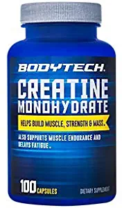 BodyTech 100 Pure Creatine Monohydrate 2250 MG Supports Muscle Strength Mass, 33 Servings (100 Capsules)