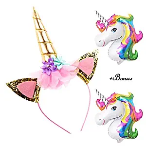 DaisyFormals Unicorn Headband Gold Shiny Unicorn Birthday Flower Headband for Girls Adults Halloween Costume, Christmas Unicorn Party + 2 Free Unicorn Ballons