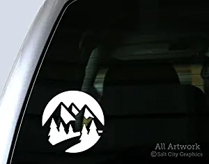 Salt City Graphics Mountain Scene Decal, Nature Scene Sticker - Pine Trees, Forest, Mountains, River - Car Decal, Bumper Sticker (5 inches Wide, White)