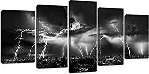 Biuteawal - Black and White Wall Art Nature Lightning Strikes in The Clouds Painting on Canvas Storm and City Night View Picture Print for Home Office Living Room Decoration Wall Decor
