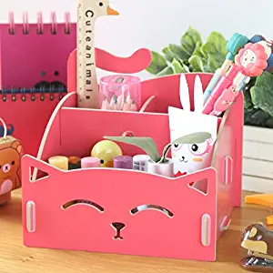 CellCase Wooden DIY Assemble Cute Cat Pen Pencil Storage Box Cosmetic Holder Desktop Organizer for Home Office (Red)