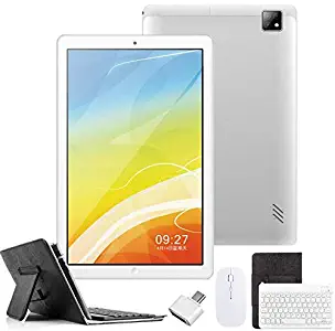 4G Tablets 10.1 inch Android 9.0,2 in 1Tablet with Keyboard, Tablet case & Mouse,4GB RAM 64GB ROM,Dual SIM Call & HD 5MP 8MP,8000mAh Quad Core Computer Tablets, Bluetooth/Google Play/GPS (Silver)