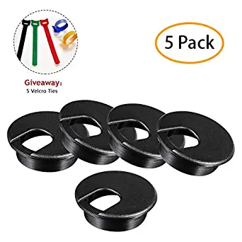 Desk Grommet ABS Cable Hole Cover 2 inch Computer Table Cord Wires Organizer with Storage Tape, Solid and Durable Desktop Cord Management for Home Office TV Stands Tabletops, Black(5 Pack)