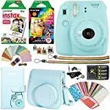 Fujifilm Instax Mini 9 Instant Camera (Ice Blue), 1 Rainbow Film Pack 10 Prints, 1 Twin Film Pack 20 Prints, (White) Instant Film, case, 4 AA Rechargeable Battery’s with Charger, Accessory Bundle