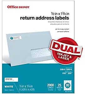 Office Depot White Inkjet/Laser Return Address Labels, 1/2in. x 1 3/4in, Pack of 2,000, 505-O004-0001