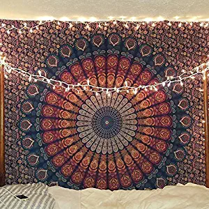 Bless International Indian Hippie Bohemian Psychedelic Peacock Mandala Wall Hanging Bedding Tapestry (Golden Blue, King(88x104Inches)(225x265Cms))