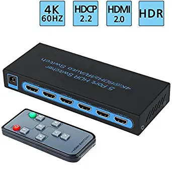 4K@60Hz HDMI Switch 5x1,FiveHome 5 Port HDMI Switcher with IR Wireless Remote Support Auto Switch, HDCP 2.2,HDR,Full HD/3D