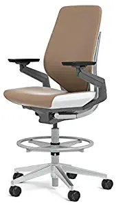 Steelcase Gesture 442 Stool Chair - Camel Steelcase Leather, Medium Seat Height, Shell Back, Light on Light Frame, Polished Aluminum Base