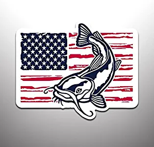 Catfish with American Flag Vinyl Decal Sticker (2 Pack) | Cars Trucks Vans SUVs Windows Walls Cups Laptops | Full Color Printed and Laminated | 2-5.5 Inch | KCD2451