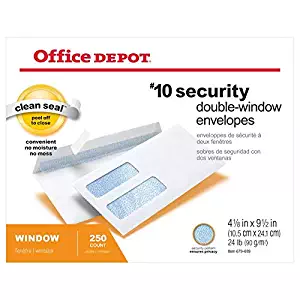 Office Depot Double-Window Envelopes, 10 (4 1/8in. x 9 1/2in.), White, Clean Seal(TM), Box Of 250, 77139