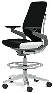 Steelcase Gesture 442 Stool Chair - Black Steelcase Leather, Medium Seat Height, Shell Back, Light on Light Frame, Polished Aluminum Base