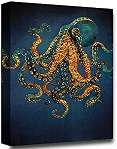 Faicai Copper Gold Octopus Wall Art Prints Nordic Blue Black Canvas Painting Modern Sea Life Artwork Picture Wall Decor for Living Room Bedroom Home Office Wooden Framed 'Gold Dream' 24