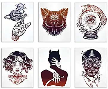 Occult Tattoo Prints - Set of 6 Alchemy Witch Devil Wall Art Decor Photos 8x10 Third Eye Cat - Planets Ball - Creepy Eyes